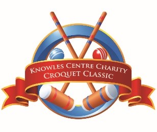 Croquet logo has a blue circle with crossed croquet mallets, blue and red croquet balls and a ribbon across the middle with Knowles Centre Charity Croquet Classic on it. 