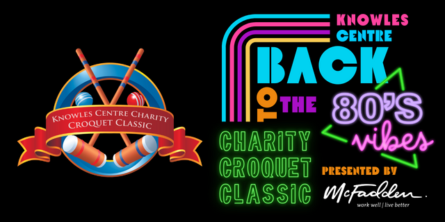 Charity Croquet Classic logo is on the left with the text on the right in 1980's fonts and colours 
